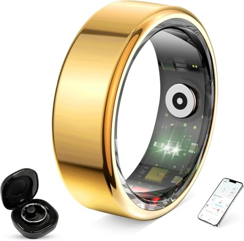 UKBTDAW Smart Ring for Men and Women, Fitness Tracker Ring with Heart Rate, Sleep Monitoring, Blood Oxygen, Step Counting for iOS and Android, No Subscription Fee,Waterproof (Gold)