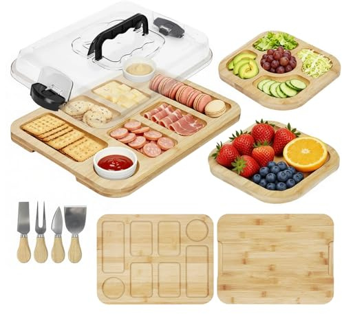 Reversible Charcuterie Board with Lid, Portable Cheese Board and Knife Set | 2 in1 Grazing Board with Carry Handle for Travel Picnic