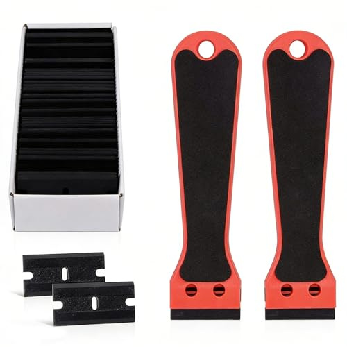 PPAAtrigeminal Plastic Scraper, 2 pcs with 100 Plastic Razor Blade | Long Handle EVA Foam Scratch Remover for Cleaning Adhesive Residue and Stickers from Car Window Frames Tiles and Floors