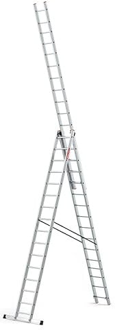 BAULICH - Mehrzweckleiter - Aluleiter - 3in1 Anlegeleiter, Stehleiter, Trittleiter - 16 Sprossen - DREI-Segmentig, Professionell, für Haus-, Renovierungs- und Bauarbeiten, mit Stabilisator, Silber