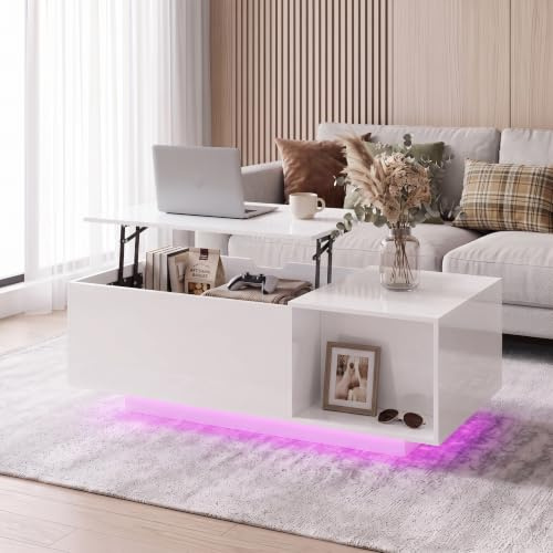 Hyaapwod Couchtisch Höhenverstellbar, Couchtisch Weiß Hochglanz mit LED-Beleuchtung, Wohnzimmertisch Höhenverstellbar Weiß, 100 x 50 x 40 cm