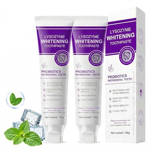Dentifricio viola sbiancante intensivo, contiene probiotici e lisozima, che puliscono i denti a fondo e li mantengono sani e brillanti.