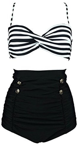 COCOSHIP Black & White Stripe High Waisted Bikini Buttons Vintage Bathing Suit Ruched Swimwear S(US4)