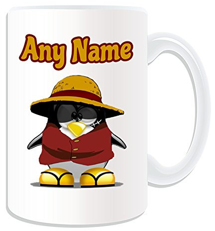 UNIGIFT Personalised Gift - LARGE Luffy Mug (Penguin Cartoon Character Costume) Unique Name Message Silly Funny Superhero Hero Super Anime Piece Pirate Monkey