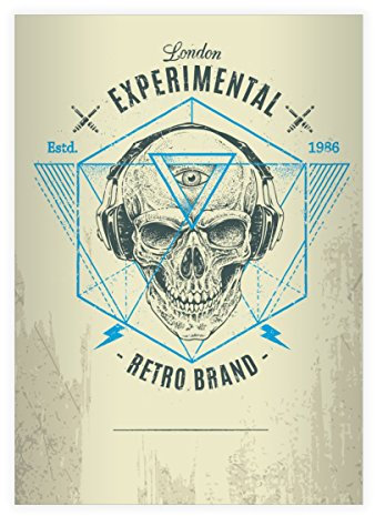 Kartenkaufrausch 8 Coole Retro Totenkopf DIN A5 Schulhefte, Schreibhefte mit Kopfhörer Skull in blau Lineatur 6 (blanko Heft)