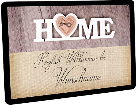 Crealuxe Fussmatte 'Wunschtext/Wunschname - Herzlich Willkommen - Motiv Home (2 farbig)' personalisiert, Fußabtreter, Fußabstreifer für die Haustür, Fußmatte rutschfest