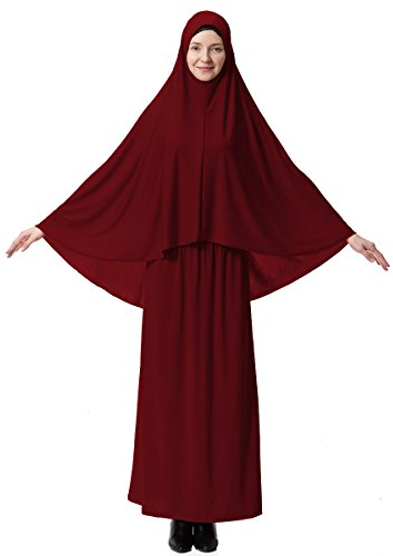 XINFU Muslimische islamische Frauenkhimar 2-teiliges Set, weich, unverwechselbares Gebetskleid Hijab Abaya Anzug (10 Farben erhältlich), weinrot, X-Klein