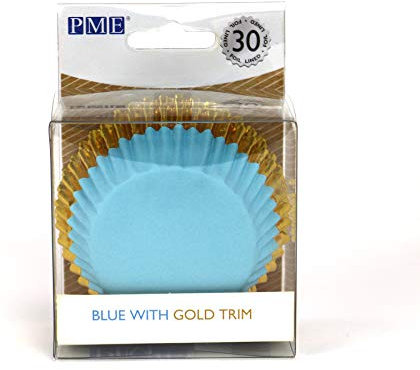 PME BC838 Blue with Gold Trim Cupcake Cases, Foil Lined - 30 Pack