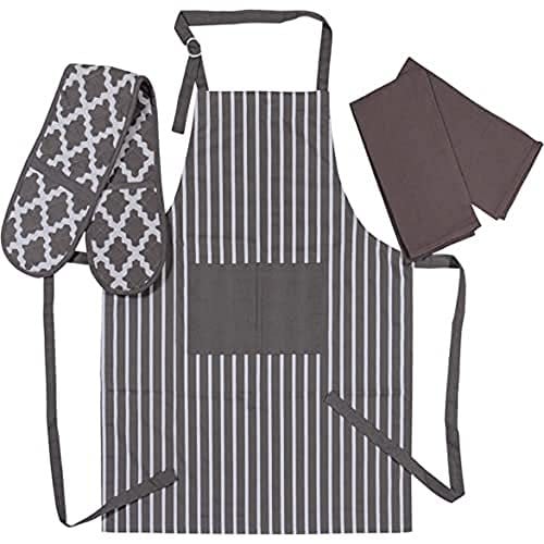 Penguin Home Apron, Double Oven Glove and 2 Kitchen Tea Towels Set -100% Soft, Durable, Heat Resistant & Super Absorbent, Cotton, Colour - Grey/White, (70 X 90 18 X 90 45X 65 cm)