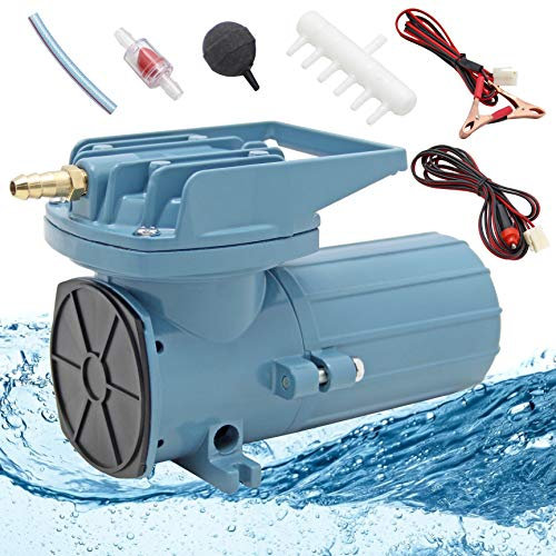 Hanchen Aquarium Sauerstoffpumpe 68L/min mit 6 Köpfe Verteiler Gewerbliche Luftpumpe für Angeln Sauerstoffversorgung Teich Belüftung | 12V/35W, mit Ø4mm Schlauch (20m) und 6 STK Luftsteine