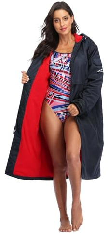 Adoretex 100 % wasserdichter Badeparka mit Kapuze, warmer Tauchmantel, Surfjacke für Damen und Herren, marineblau / rot, 3XL