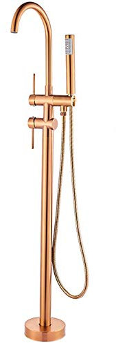 Robinet de baignoire monté au sol, robinet de remplissage de baignoire à bec pivotant à deux poignées avec douchette à main, mitigeur de baignoire en laiton,Rose gold