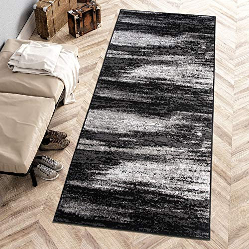 Carpeto Rugs Teppich Läufer Flur - Modern Teppichläufer – Kurzflor, Weich - für Küche Vorzimmer Eingangsbereich Schlafzimmer - Meterware 100 cm Breit - Grau Schwarz 100 x 550 cm