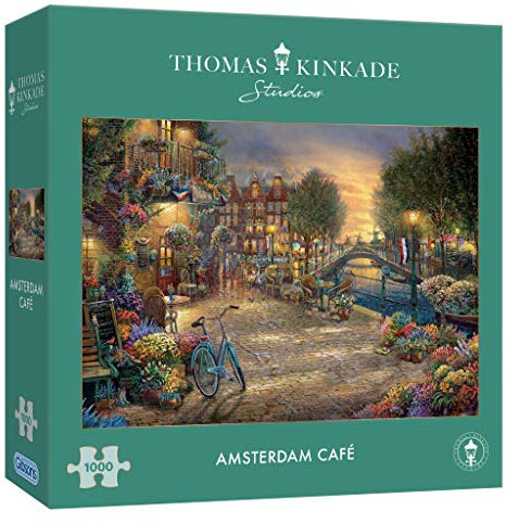 Gibsons Thomas Kinkade Amsterdam Café 1000 Piece Jigsaw Puzzle for Adults | Nostalgic Romantic City River Sunset Artwork | Sustainable Premium 100% Recycled Board | Great Gift | Gibsons Games