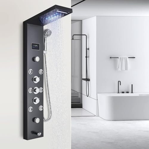 AWorddy LED Colonna Doccia Idromassaggio in 304 Acciaio Inox Pannello Doccia Set con Miscelatore da Massaggi, Soffione Fisso, Doccetta e Bocca Vasca 5 Funzioni per Bagno Nera