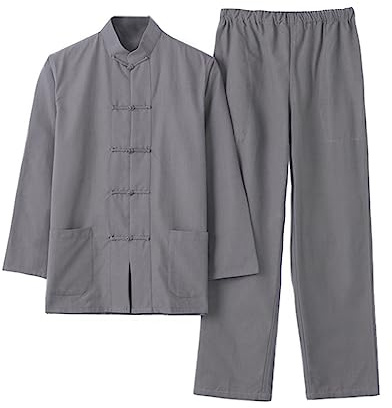 Kinesisk traditionell långärmad Tang kostym Kung Fu Uniform skjorta för herr Kung Fu jacka byxor, ren bomull Tai Chi Uniform, Hanfu Kung Fu Wing Chun Ch Grey-L, Färg: grå