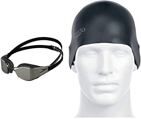 Speedo Unisex-Adult Fastskin Hyper Elite Mirror Schwimmbrillen, Schwarz/Oxid Grey/Chrome, Talla única & Unisex Geformtes Silikon Badekappe, Schwarz,Einheitsgröße EU