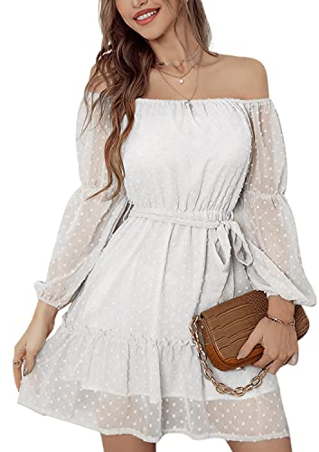 BebreezChic Hochzeitsgast Kleid Damen Langarm Elegant Boho Off Shoulder Einfarbig Swiss Dot Luftig Sommerkleid Minikleider Partykleid Strandkleid mit Gürtel, Weiß M