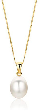 OROVI Damen Goldschmuck, Perle Kettenanhänger aus 14 Karat (585) Gelbgold Panzerkette 45cm, Süßwasser perle oval 8-9mm