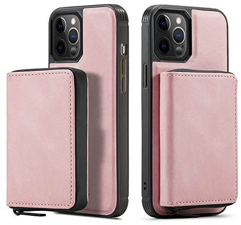 Porta carte a portafoglio Custodia per telefono per iPhone 14 13 Pro Max Borsa in pelle con cerniera staccabile Custodia magnetica 2in1 per iPhone 13 Mini, rosa, per iPhone 14 Pro