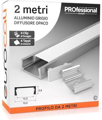 Eurocali Profilo da 2 metri (2mt) in Alluminio grigio per Strisce LED Schermatura Opaca ingombro max striscia led 12.2mm - 15.5 x 5.9