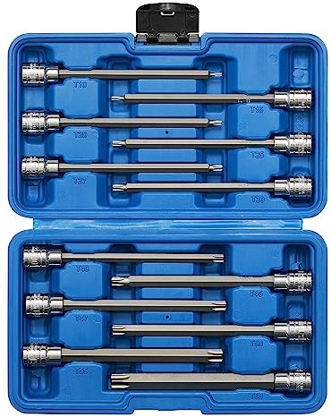 EMENTOL 12PCS 3/8 Drive Extra Long Torx Bit Socket Set, CR-V, S2 Steel, 5.9 Length Star Bit Socket Set, T10 - T60