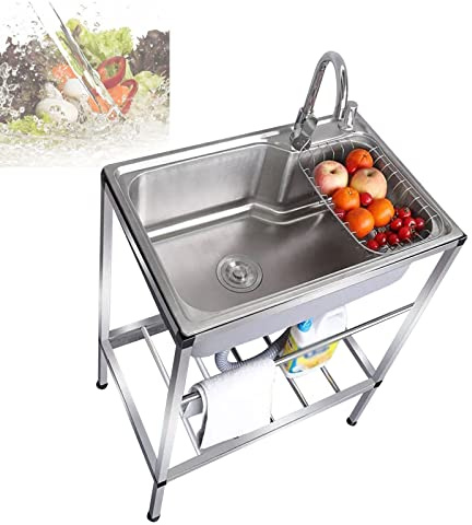 WORDFUN Grand Évier Commercial, Évier De Restauration Autoportant, Évier sur Pieds en Acier INOX, 55x40cm 60x45cm Lavabo Commercial De Cuisine, Professionnel Cuve Simple, Evier De Jardin