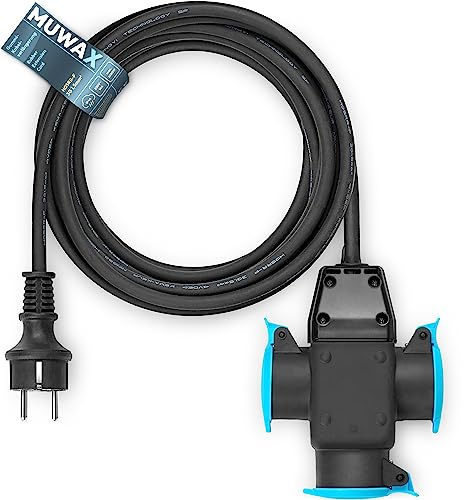MUWAX Gummi-Verlängerungskabel 5m mit 3-Fach Verteiler für Heimwerker, Garten, Haushalt, für temporäre Einsätze im Außenbereich und mittlere mechanische Beanspruchung H05RR-F 3G1,5mm² schwarz