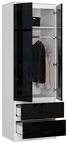 BDW Kleiderschrank 2-Türiger Kleiderschrank mit 2 Schubladen - Kleiderbügel - Oberfläche Glanz - Kleiderschrank für das Schlafzimmer Wohnzimmer Flur - 180x60x51cm Weiß/Schwarz
