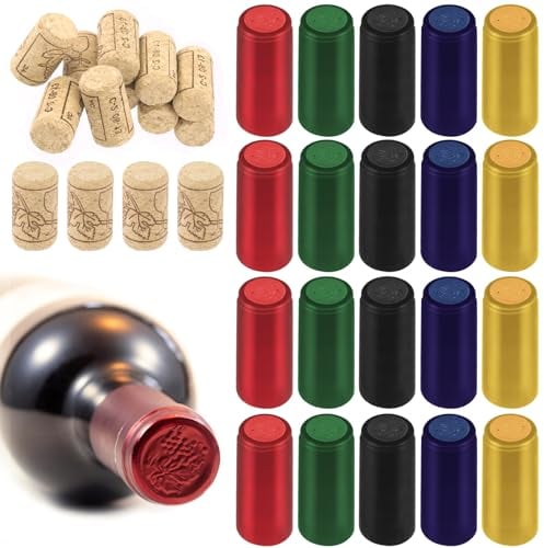 Keadic 130Pcs PVC Heat Shrink Capsules with T-Shape Wine Corks, Black/Red/Gold/Silver/Blue Wrap Sleeves Caps Tops for Making Cellars and Home Use