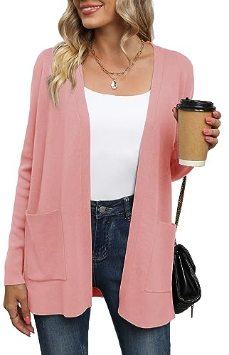 Yommay - Cárdigan para mujer de manga larga con cuello en V, holgado, informal y ligero, suéter de punto con bolsillos, rosa claro, XL