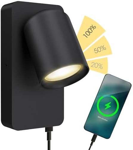 SSC-LUXon NERU Wandleuchte schwarz drehbar USB GU10 LED 4W dimmbar warm | Leselampe fürs Schlafzimmer - in 3 Stufen dimmbar ohne Dimmer, USB & Schalter, warmes Bettlicht, inkl. GU10 LED 4W
