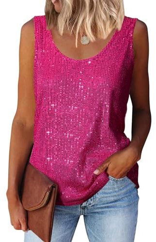 MLEBR Top estivo da donna con paillettes, scollo rotondo, paillettes, luccicante, senza maniche, camicette, Fucsia, L