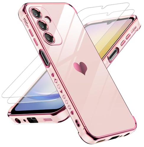 LeYi Funda para Samsung Galaxy A25 5G/A 25, Silicona Carcasa con 2pcs Cristal Templado, Corazón Amor Mujer Estuche Protector Galvanizado Suave TPU Bumper Resistente Antigolpes Móvil Case, Rosa