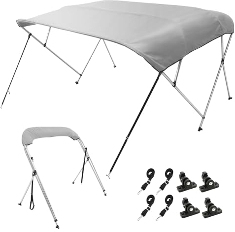 VEVOR Bimini Top Bootsabdeckung Sonnenverdeck (4 Bögen) aus 600D Polyester mit Rahmen aus Aluminiumlegierung, wasserdichte Sonnenschutz-Bootsmarkise mit Aufbewahrungstasche, 213-244 cm Hellgrau