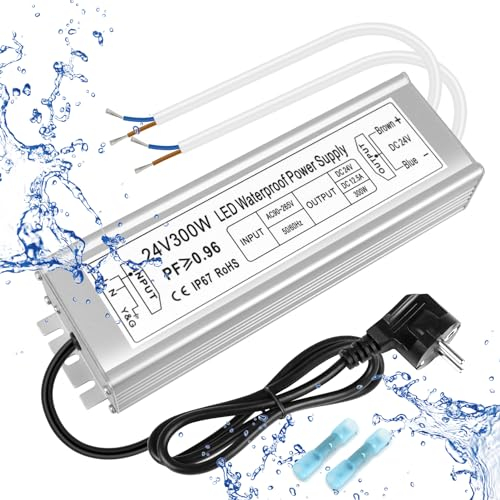 inShareplus LED Trafo 24V 12.5A 300W IP67 Wasserdichter Outdoor-Treiber, AC 90-265V zu DC 24 Volt Niederspannungs-Transformator, 24V Netzteil für LED-Licht, Computerprojekt, Außeneinsatz