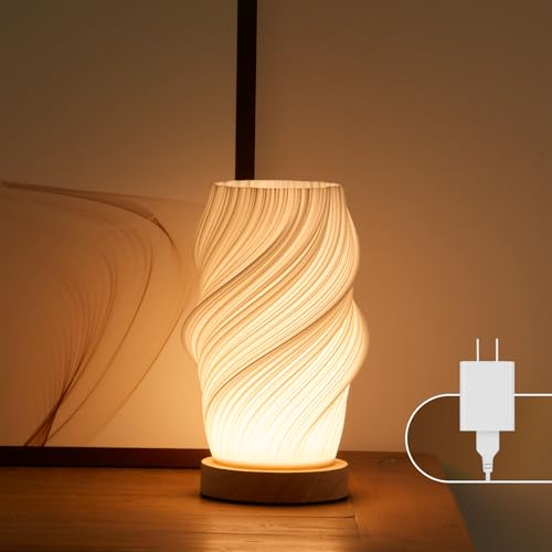UYKKE Nachttischlampe mit Holzsockel Tischlampe mit Knopfsteuerung für Schlafzimmer, 12-stufig dimmbare Nachttischlampe mit PLA-Lampenschirm für Wohnzimmer (Weiß-C, klein)