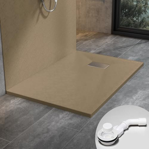 WITEN&NOCK SMC Duschwanne 140x90cm braun Brausewanne Duschtasse 3,2cm extra flache Steinoptik Antirutsch inkl. Edelstahl Abdeckung und Ablaufgarnitur Ø90mm Siphon