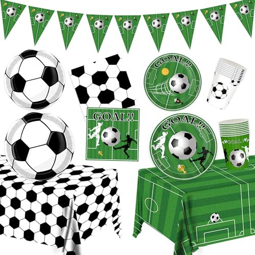 JQSSHXB Juego de vajilla de decoración de fiesta de cumpleaños de fútbol, suministros de fiesta temática de fútbol, platos de papel, servilletas, mantel y pancarta para niños, tema deportivo, 24