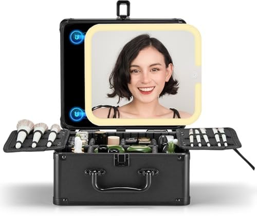 OMIRO Portable Makeup Box with Removable Magnetic Led Mirror : Travel Makeup Bag, Cosmetic Organiser Train Case with Adjustable Compartment, Gift for Women-(Black)