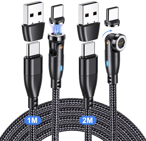 VAFOTON Magnetic Charging Cable 2Pack(2M/1M), 60W USB C/A to USB C 9Pin Data Transfer Magnetic Charger Cable, 360°&180° Fast Magnetic Phone Charger Cable for Typ C Device