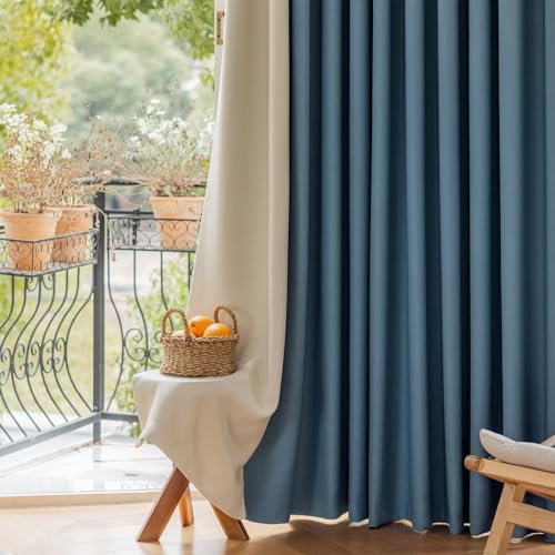 KnSam 2er Set Blau Milchweiß Verdunklungs Vorhang, Vorhänge Gardinen Wohnzimmer Patchwork Zweifarbig, Chenille Ösen Vorhänge Gardinen Schlafzimmer Vorhang für Jugendzimmer, Jeder B 132 x H 274cm