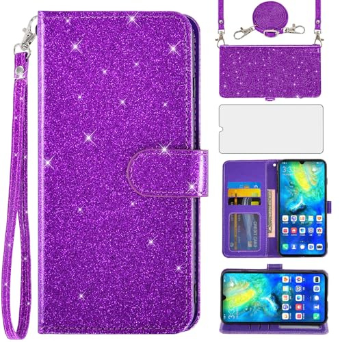 Asuwish Handyhülle für Huawei Mate 20 X 5G Hülle mit Band Folie Schutzfolie Kartenfach Klappbar Glitzer Leder Geldbörse Ständer Hawaii Mate20 20X Handy Hüllen Schutzhülle Handyhüllen Phone Case Lila