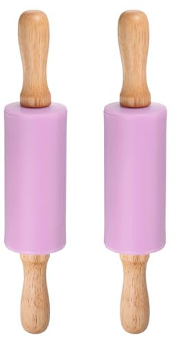 sourcing map 2pcs Silicone Rolling Pins for Baking 9.25 Inch Non-Stick Silicone Surface Wooden Handle Rolling Pin Small Roller Playdough Rolling Pins for Fondant Kitchen Dough Pizza, Purple