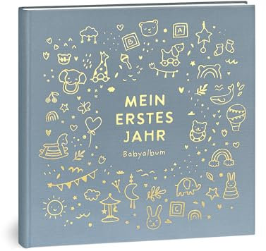 Mein erstes Jahr Babyalbum - Hochwertiges Leinenbuch mit Goldprägung für die schönsten Erinnerungen - Babybuch zum Eintragen für das erste Lebensjahr - Baby Geschenk zur Geburt (Spielzeug Blau)