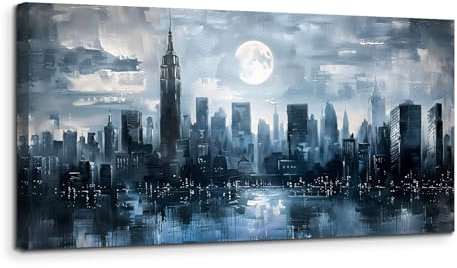 MHARTK66 Stadtnachtszene Leinwand Bilder, 50x100 cm Groß Wandbilder Wohnzimmer Blaue Landschaft Bild Aesthetic, Modern Wanddeko Kunstdruck Schlafzimmer Badezimmer Büro Esszimmer Küche