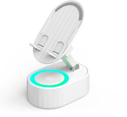Cell Phone Stand with Wireless Speaker, 5 in 1 Wireless Induction Audio Speaker Phone Holder, Foldable Bluetooth Audio Power Bank Bracket for Home Office (White)