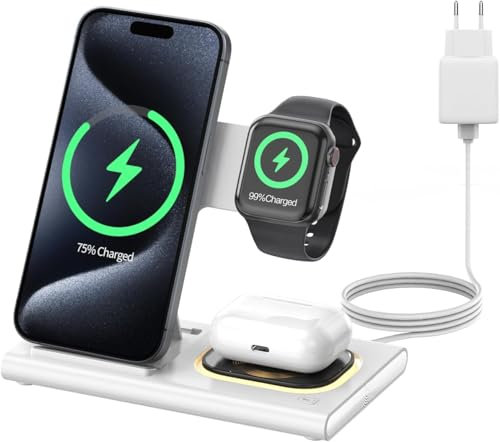 Aimtel 3 in 1 Stazione di Ricarica Wireless style,Connectivity Usb Technology,compatible con iPhone 16/16 Pro/16 Pro Max/16 Plus/15 Models/Apple Watch 10/Ultra 2/9/Air Pods Pro