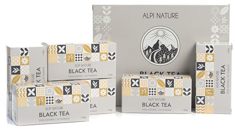 Alpi Nature Schwarzer Tee 6 Stück, 120 Schwarztee Beutel | 6 Schachteln mit 20 Teebeutel à 1.5g (180g), Teeblätter getrocknet für Kräutertee & Tee schwarz, natürlich koffeinhaltig