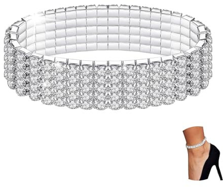 Kucheed Funkeln Diamant Fußkettchen für Frauen, Elastischer Kristall Silber-Ton Funkelnde Charm Fuß Schmuck Armreif,Bling Glänzende Strass Braut Tennis Armband Geschenk (A3)